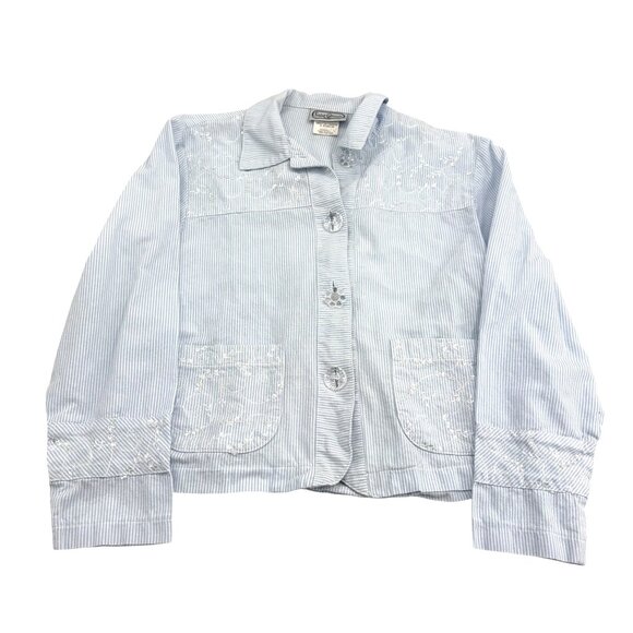 Saint Germain Paris Blue Striped Embroidered Cotton Jacket XSmall Made In‎ USA - Picture 1 of 4
